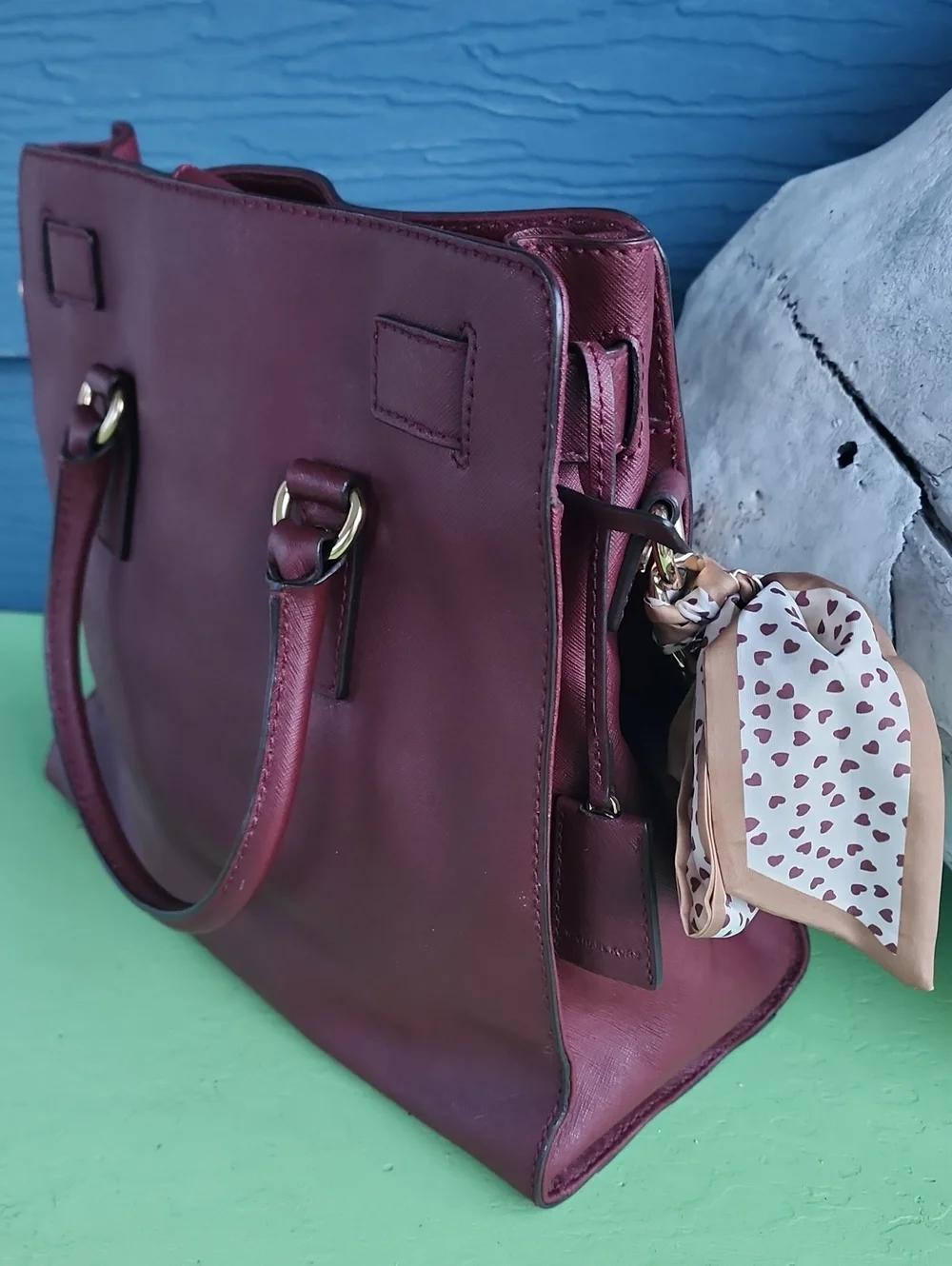 Michael Kors Hamilton Large Saffiano Leather Tote Bag Merlot Burgundy Gold